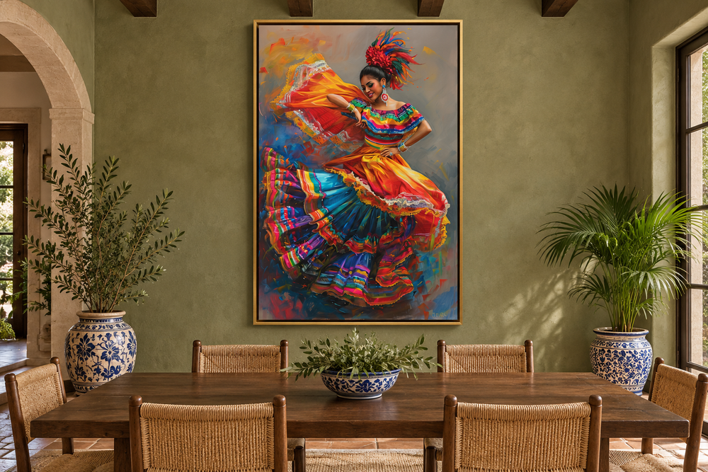 Mexican woman dancing traditional dance framed canvas wall art in a rustic olive green dining room.