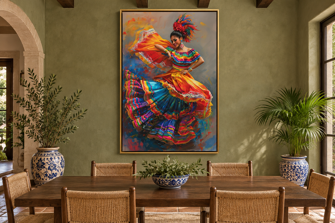 Mexican woman dancing traditional dance framed canvas wall art in a rustic olive green dining room.