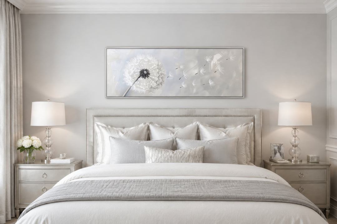 Horizontal framed canvas wall art featuring a white dandelion on a soft grey background.