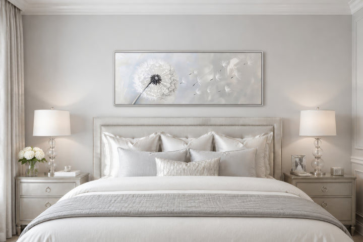 Horizontal framed canvas wall art featuring a white dandelion on a soft grey background.