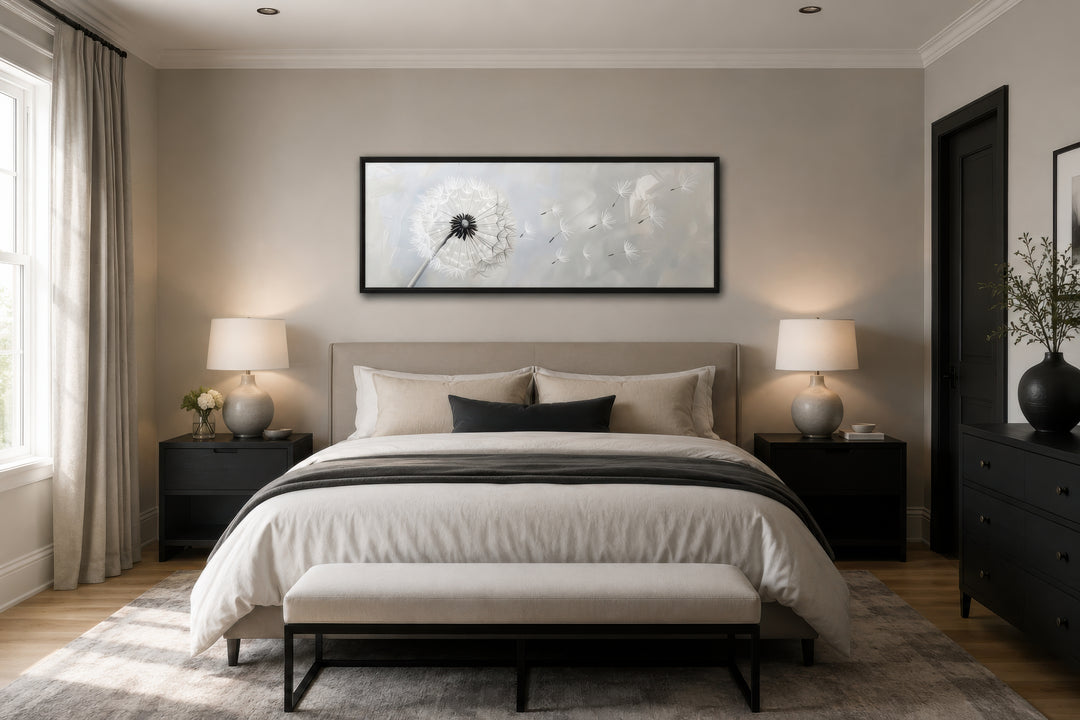 Long horizontal framed canvas wall art featuring a white dandelion on a grey background.