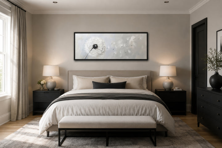 Long horizontal framed canvas wall art featuring a white dandelion on a grey background.