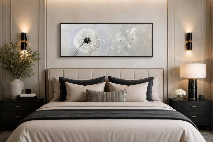 Long horizontal framed canvas wall art featuring a white dandelion on a grey background.