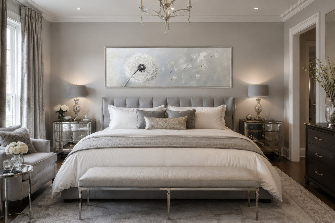 Long horizontal framed canvas wall art featuring a white dandelion on a soft grey background.