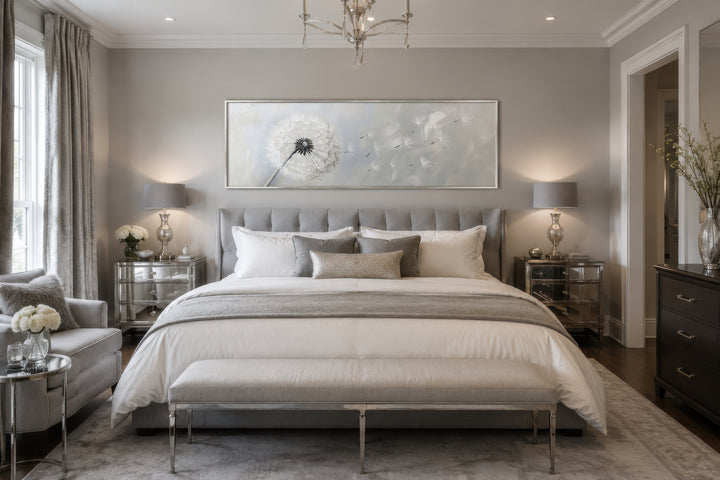 Long horizontal framed canvas wall art featuring a white dandelion on a soft grey background.