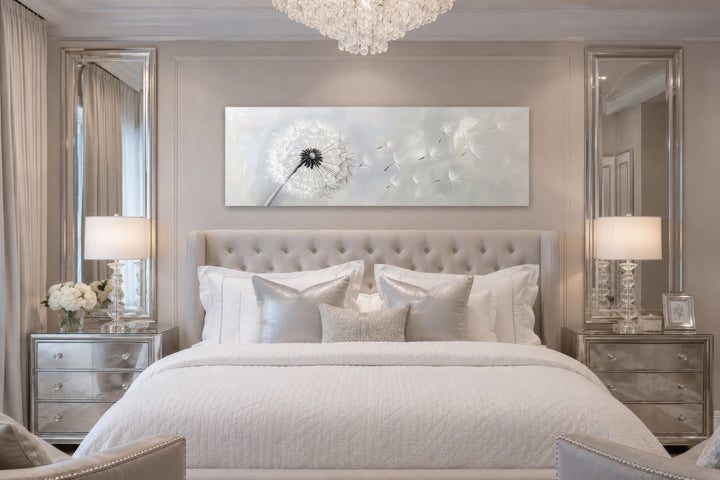Long horizontal framed canvas wall art featuring a white dandelion on a soft grey background.