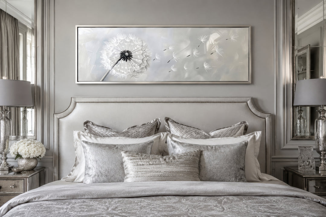 Long horizontal framed canvas wall art featuring a white dandelion on a soft grey background.