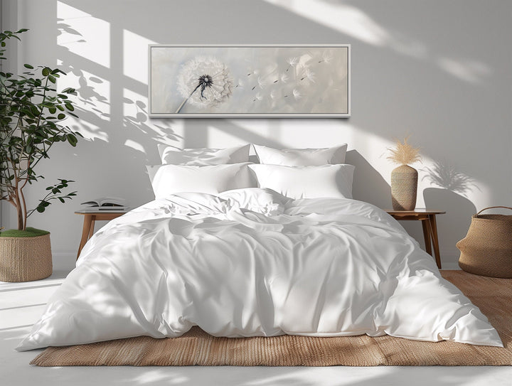 Horizontal framed canvas wall art featuring a white dandelion on a soft grey background.