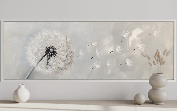 Long horizontal framed canvas wall art featuring a white dandelion on a soft grey background.