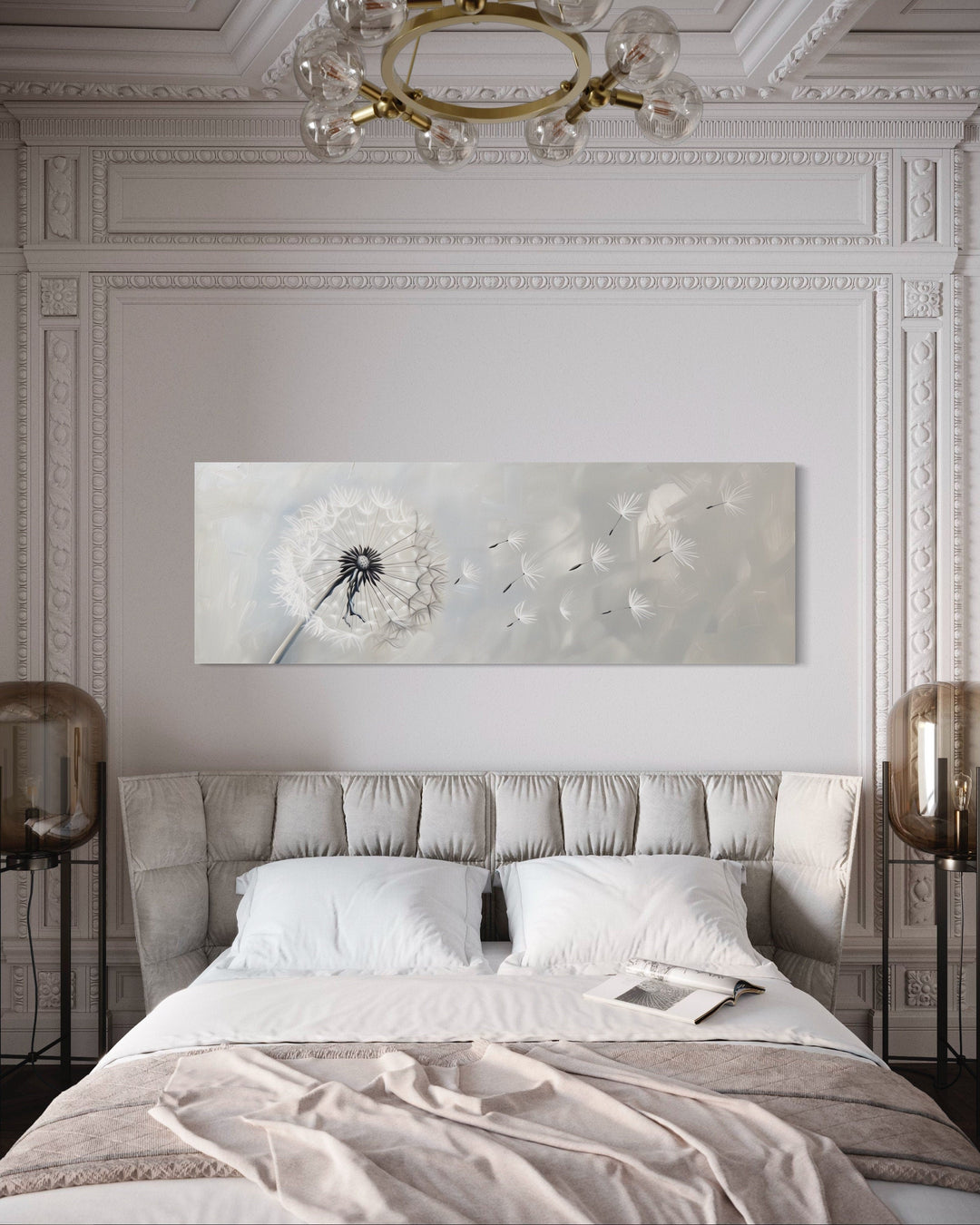 Long horizontal framed canvas wall art featuring a white dandelion on a soft grey background.