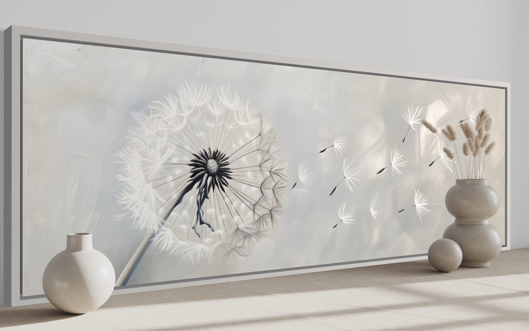 Long horizontal framed canvas wall art featuring a white dandelion on a grey background.