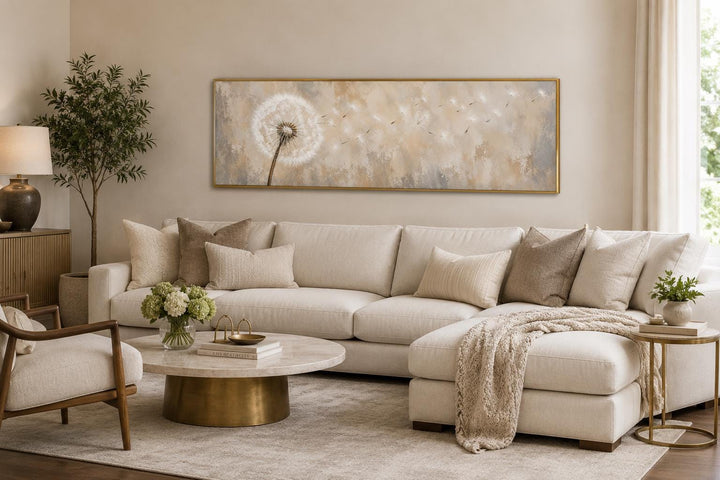 Long horizontal neutral dandelion seeds blowing in wind wall art above a cream sectional sofa.