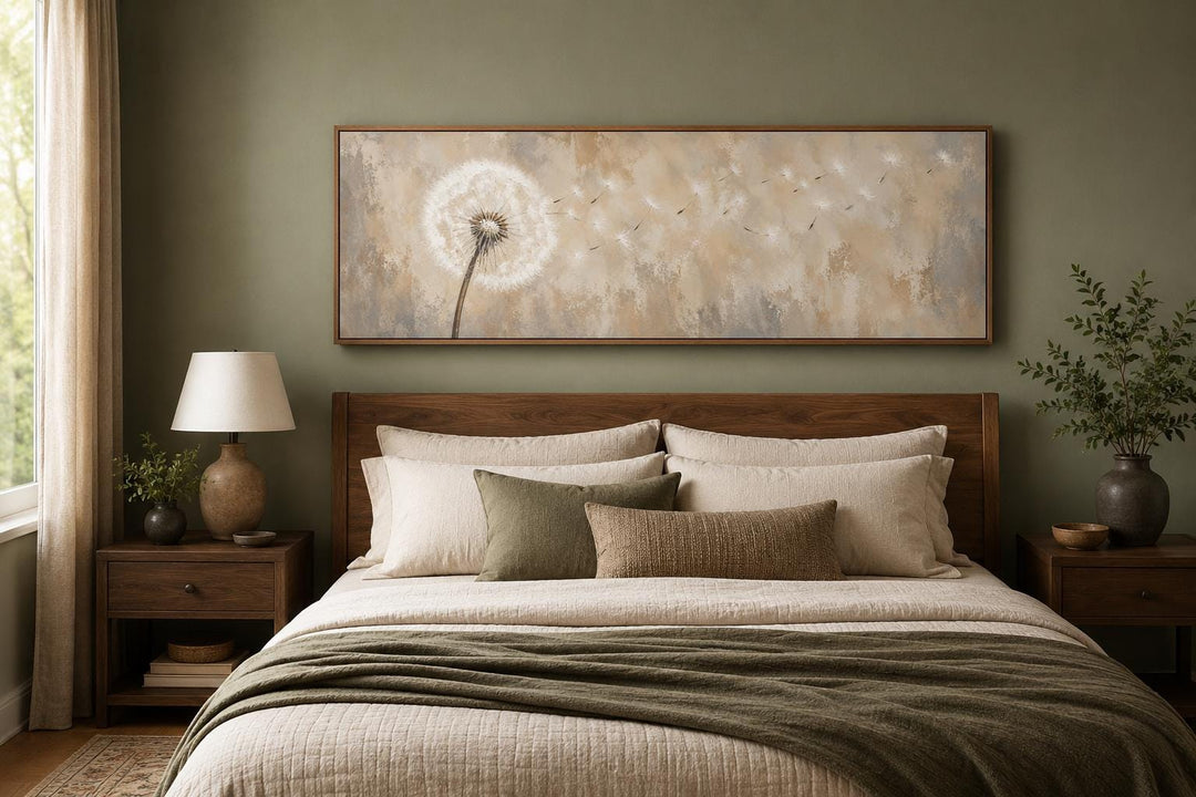 Dandelion seeds blowing in wind long horizontal neutral canvas wall art above a wooden bed frame.