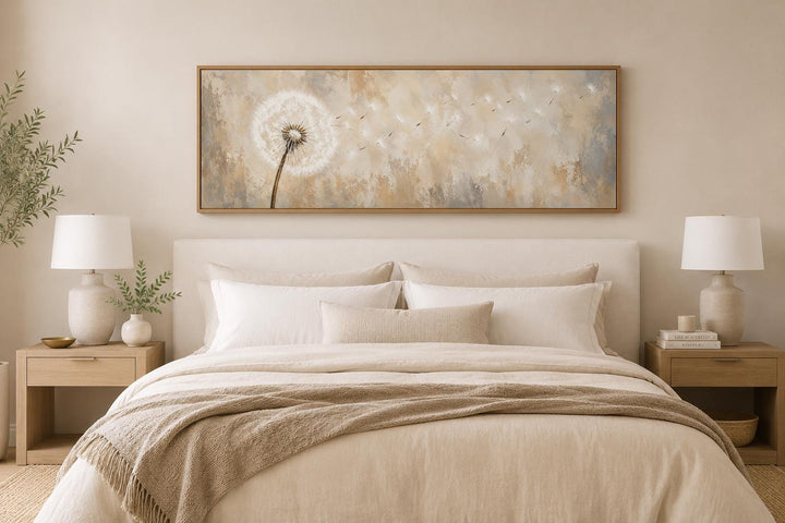 Long horizontal dandelion seeds wall art in neutral tones hanging above a bed in a serene bedroom.