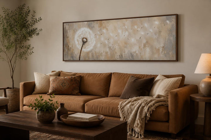 Dandelion seeds blowing in the wind horizontal wall art in neutral tones above a brown sofa.