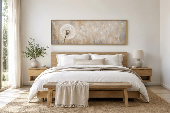 Long horizontal dandelion seeds wall art in neutral tones hanging above a bed in a modern bedroom.