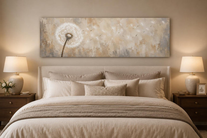 Long horizontal neutral dandelion seeds wall art hanging above a bed in a calm bedroom.
