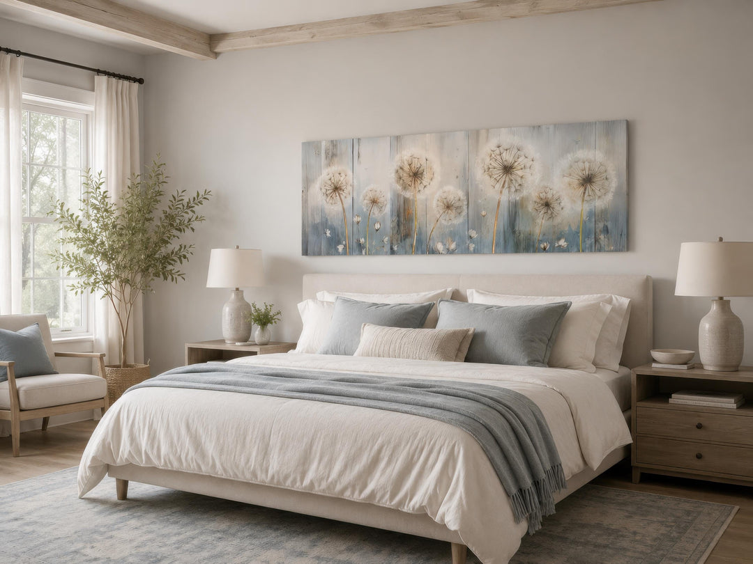 Long horizontal dandelion canvas wall art in a farmhouse bedroom with blue and cream bedding.