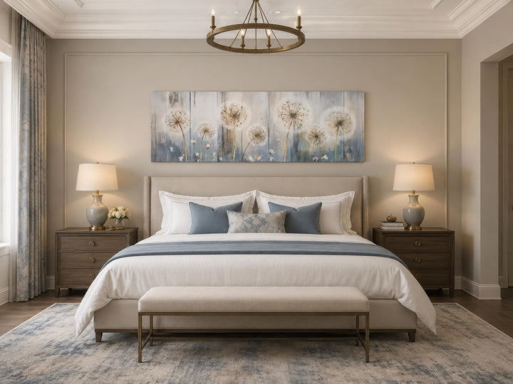 Long horizontal dandelion canvas wall art in a farmhouse bedroom with blue and cream accents.