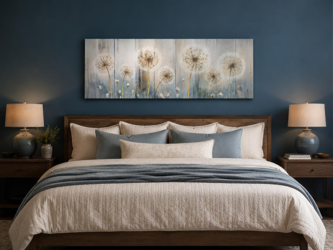 Long horizontal dandelion canvas wall art in a farmhouse bedroom above a wooden headboard.