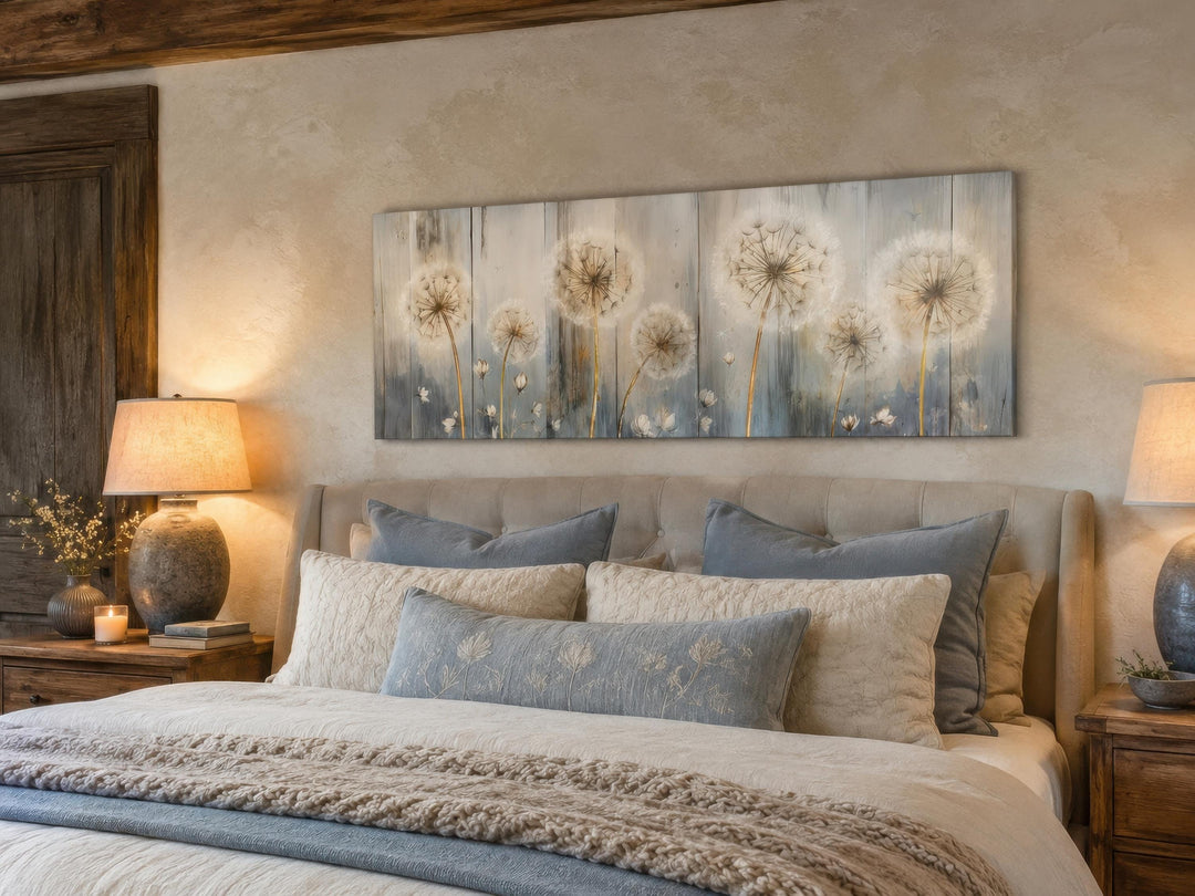 Long horizontal dandelion canvas wall art in muted blue and cream tones above a farmhouse bed.