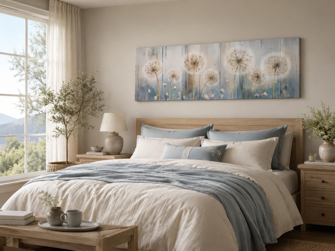 Long horizontal dandelion wall art in a farmhouse bedroom with cream and dusty blue bedding.
