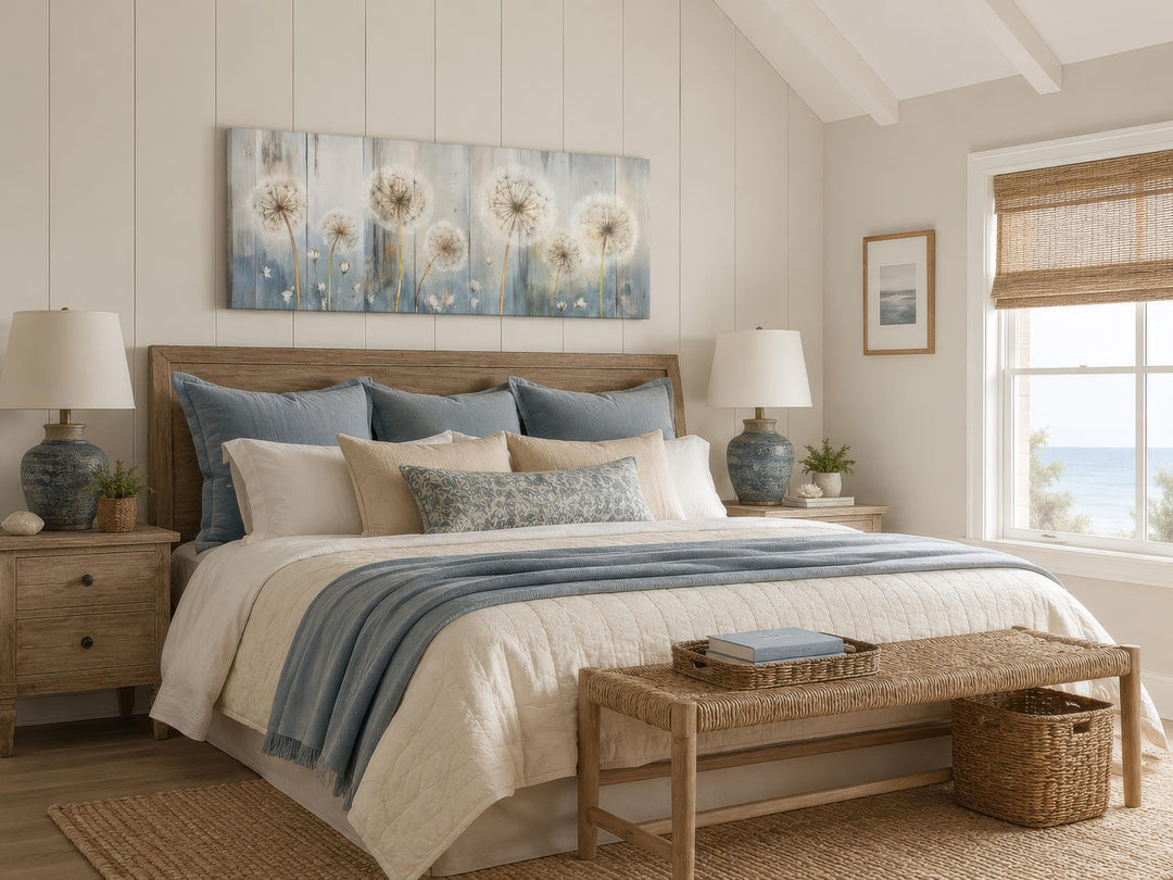 Long horizontal dandelion canvas wall art in blue and cream tones hanging above a farmhouse bed.