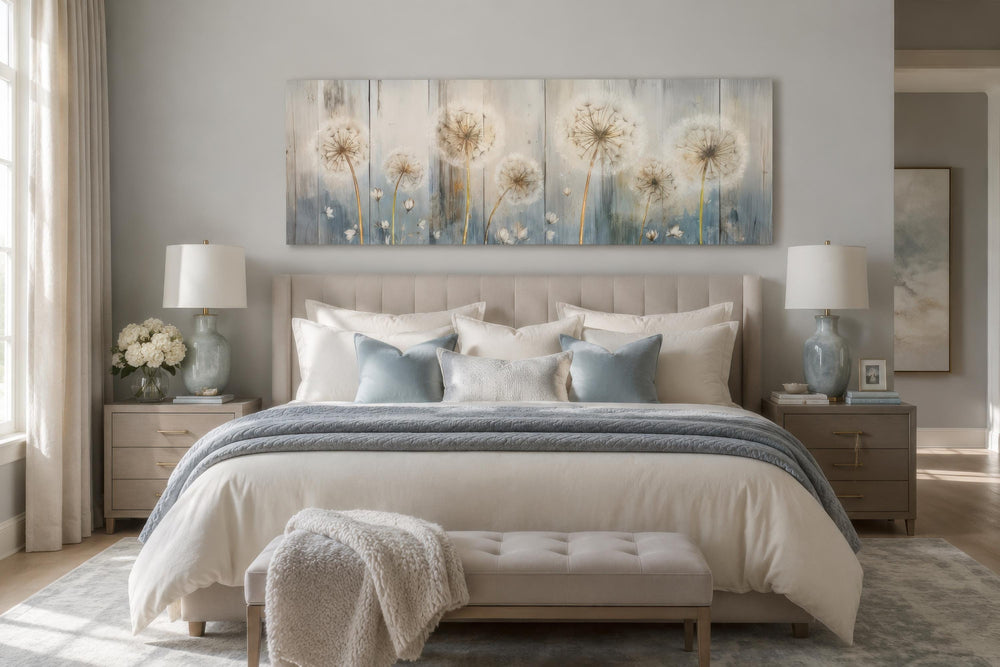 Long horizontal dandelion canvas art in cream, blue, and gray tones above a farmhouse style bed.