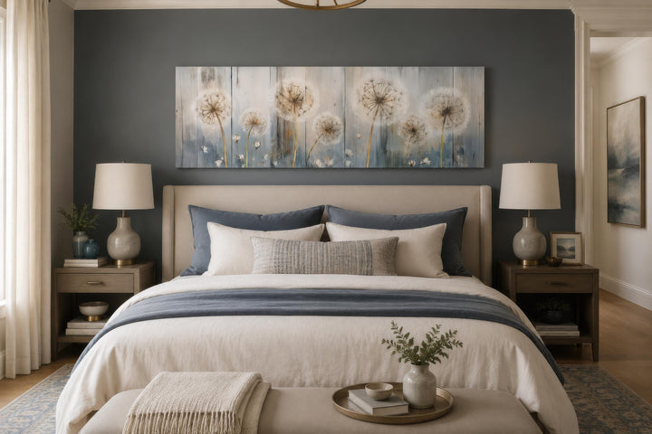 Long horizontal dandelion canvas wall art in blue and cream tones hanging above a bed.