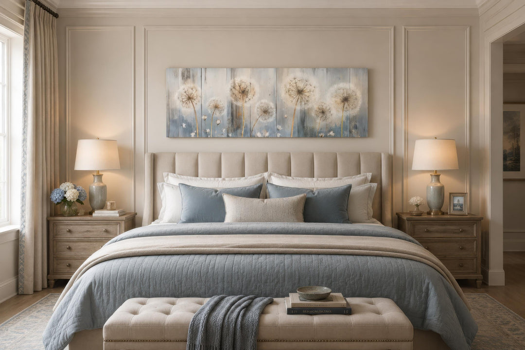 Long horizontal dandelion canvas wall art in a farmhouse bedroom with blue and cream bedding.