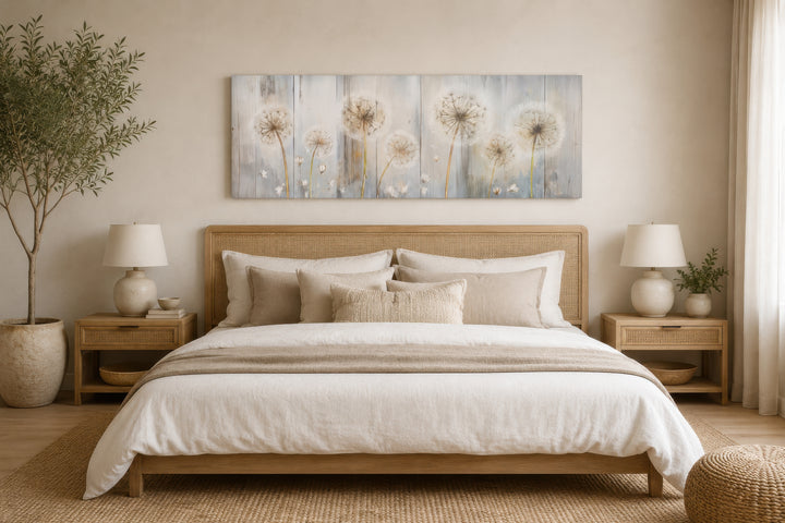 Horizontal canvas wall art featuring dandelions painted on a distressed wood background.