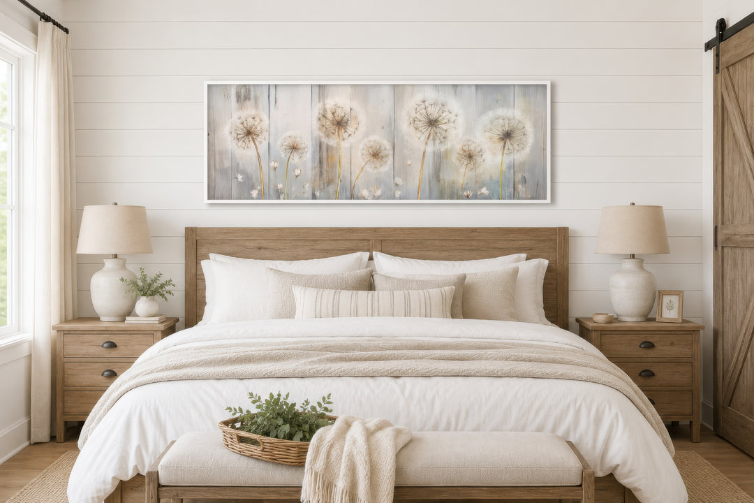 Horizontal canvas wall art featuring dandelions on a distressed wood background above a bed.