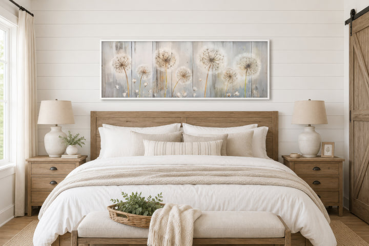 Horizontal canvas wall art featuring dandelions on a distressed wood background above a bed.