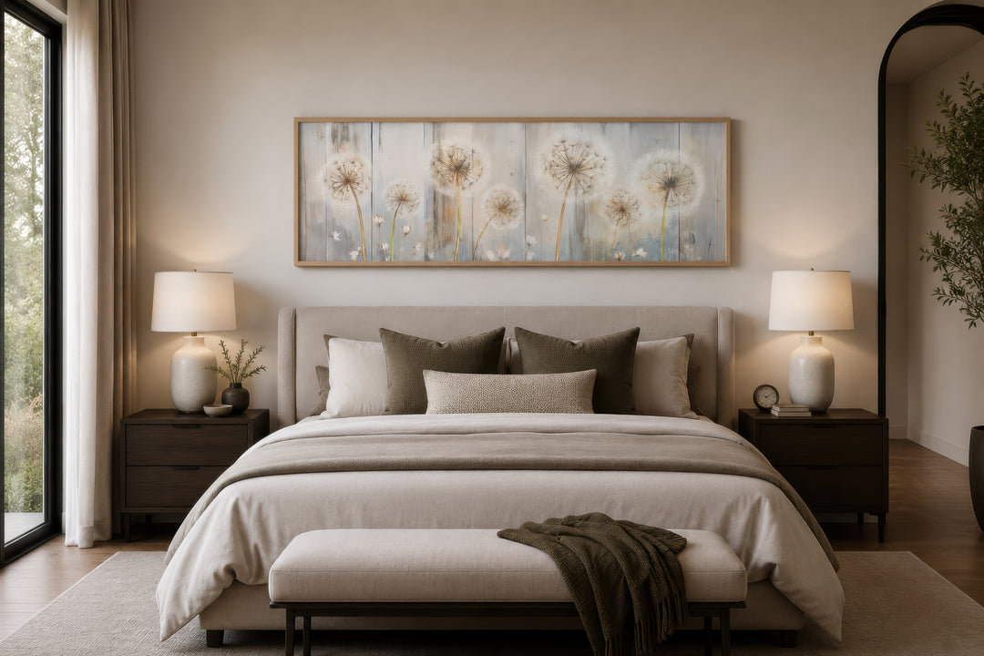 Horizontal canvas wall art featuring dandelions painted on a distressed wood background.