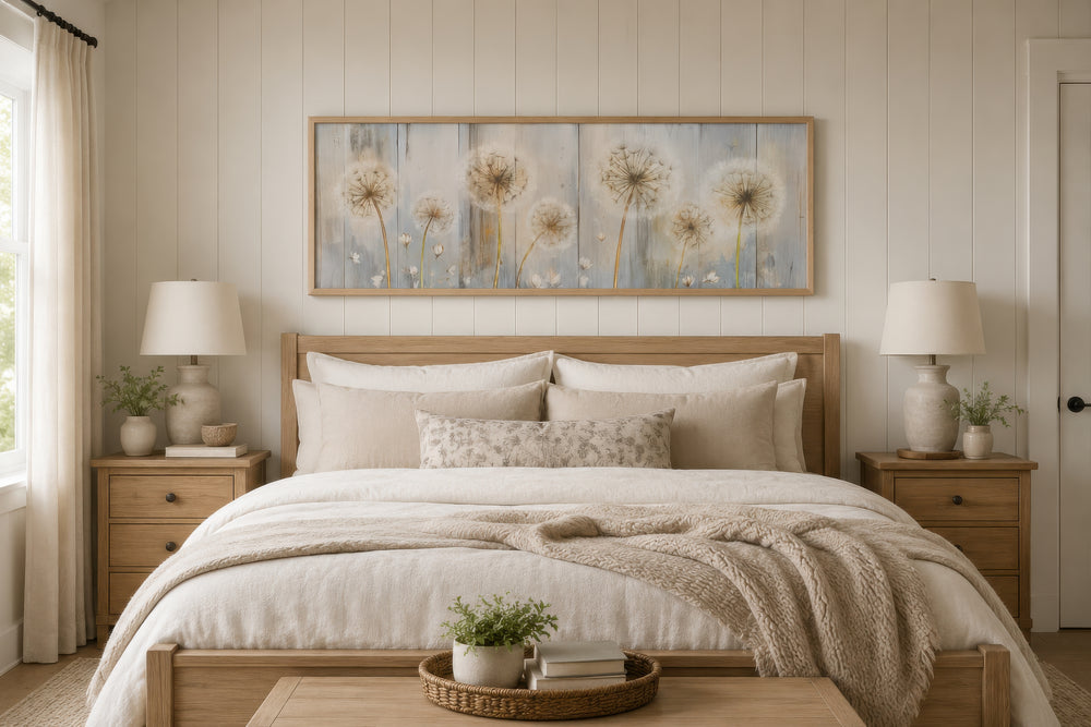 Dandelions painting on distressed wood horizontal canvas wall art hanging above a bed.