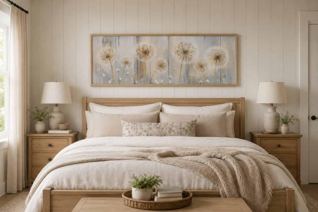 Dandelions painting on distressed wood horizontal canvas wall art hanging above a bed.