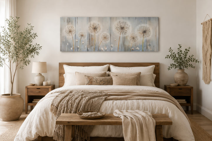 Horizontal canvas wall art featuring dandelions painted on a distressed wood background.