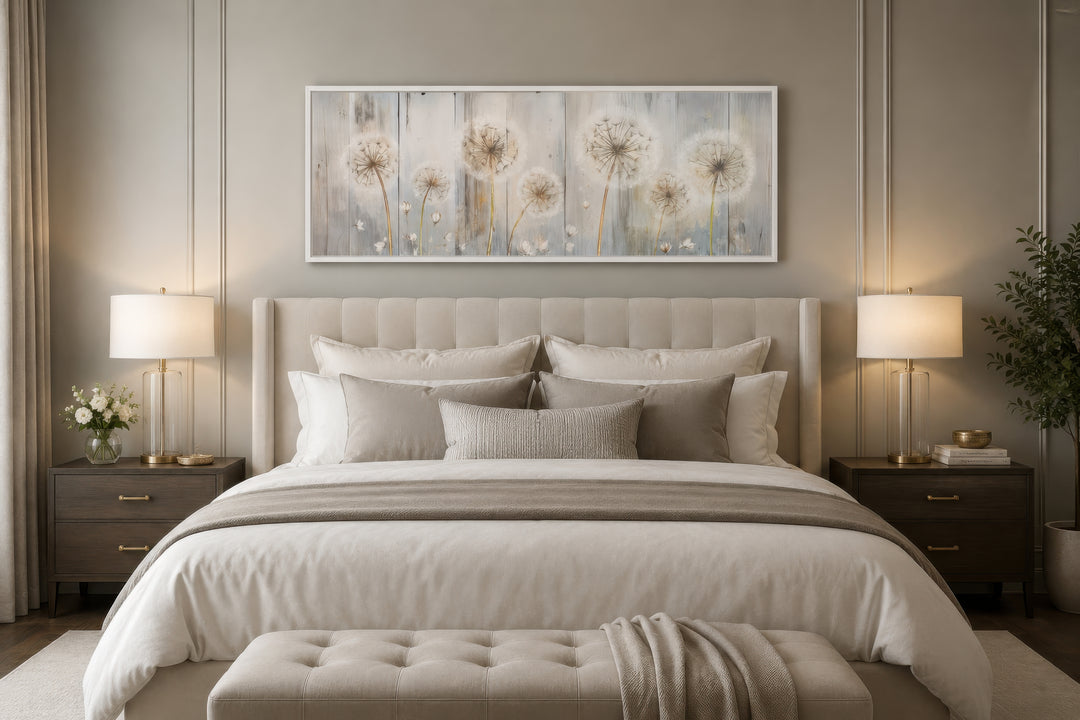 Horizontal canvas wall art featuring dandelions on a distressed wood background above a bed.