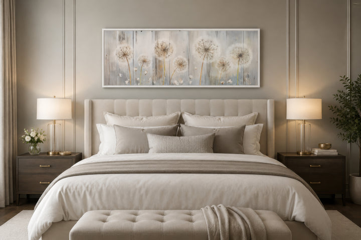 Horizontal canvas wall art featuring dandelions on a distressed wood background above a bed.