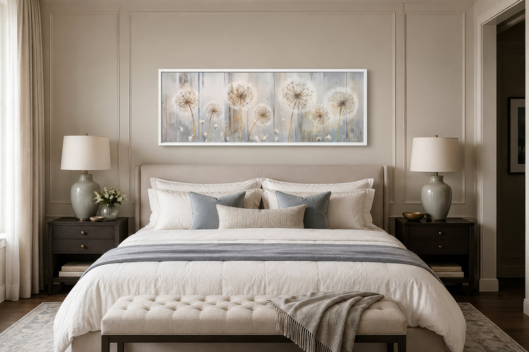 Horizontal canvas wall art featuring dandelions on a distressed wood background above a bed.
