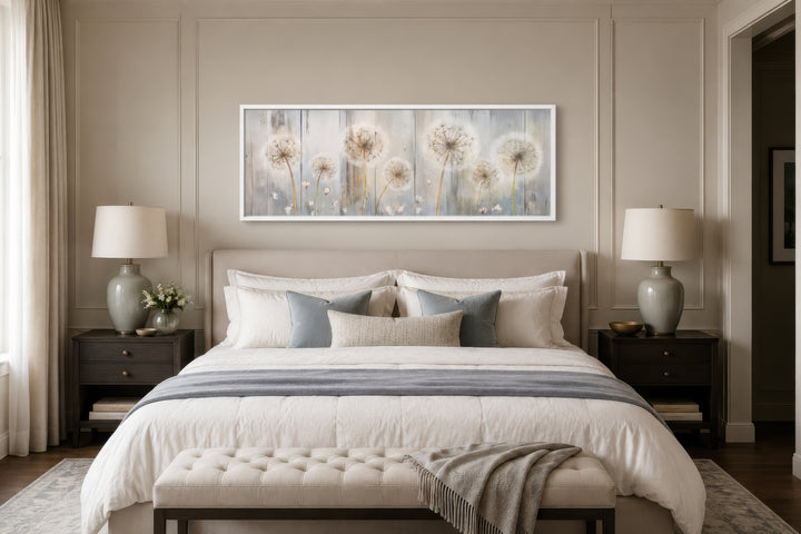 Horizontal canvas wall art featuring dandelions on a distressed wood background above a bed.