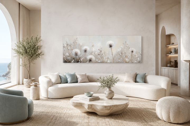 Long horizontal wall art of white dandelions in a neutral beige field above a white curved sofa.