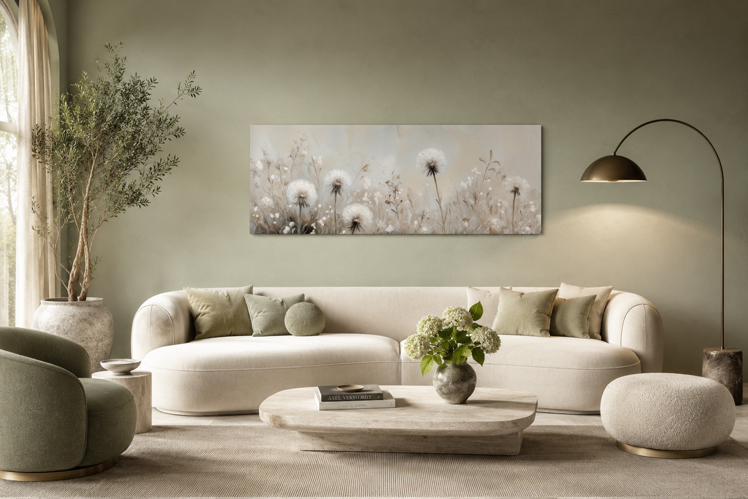 Long horizontal wall art of white dandelions in a neutral farmhouse living room above a sofa.
