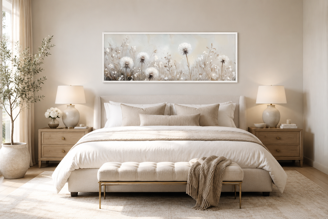 Horizontal wall art of white dandelions in neutral beige tones hanging above a bed.