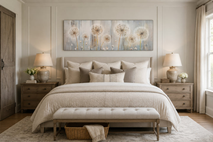 Panoramic dandelions painting on distressed wood horizontal canvas wall art above a bed.