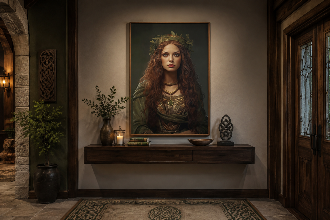 Danu Celtic Goddess framed canvas wall art in a rustic entryway with a wooden console table.