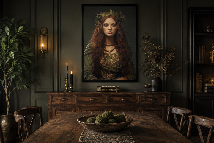 Framed canvas wall art of Danu Celtic Goddess in a dark, rustic dining room setting.
