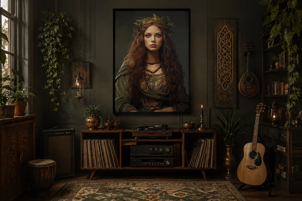 Danu Celtic Goddess framed canvas wall art in a dark, rustic room with plants and musical instruments