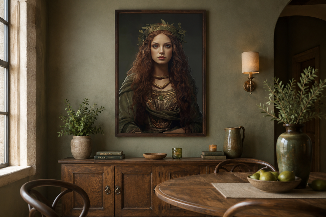 Framed canvas wall art of the Danu Celtic Goddess in a rustic dining room setting.