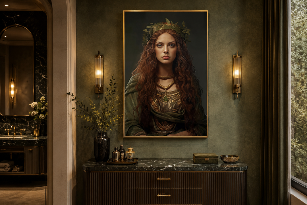 Framed canvas wall art of Danu Celtic Goddess in a green robe, hung above a dark marble sideboard.